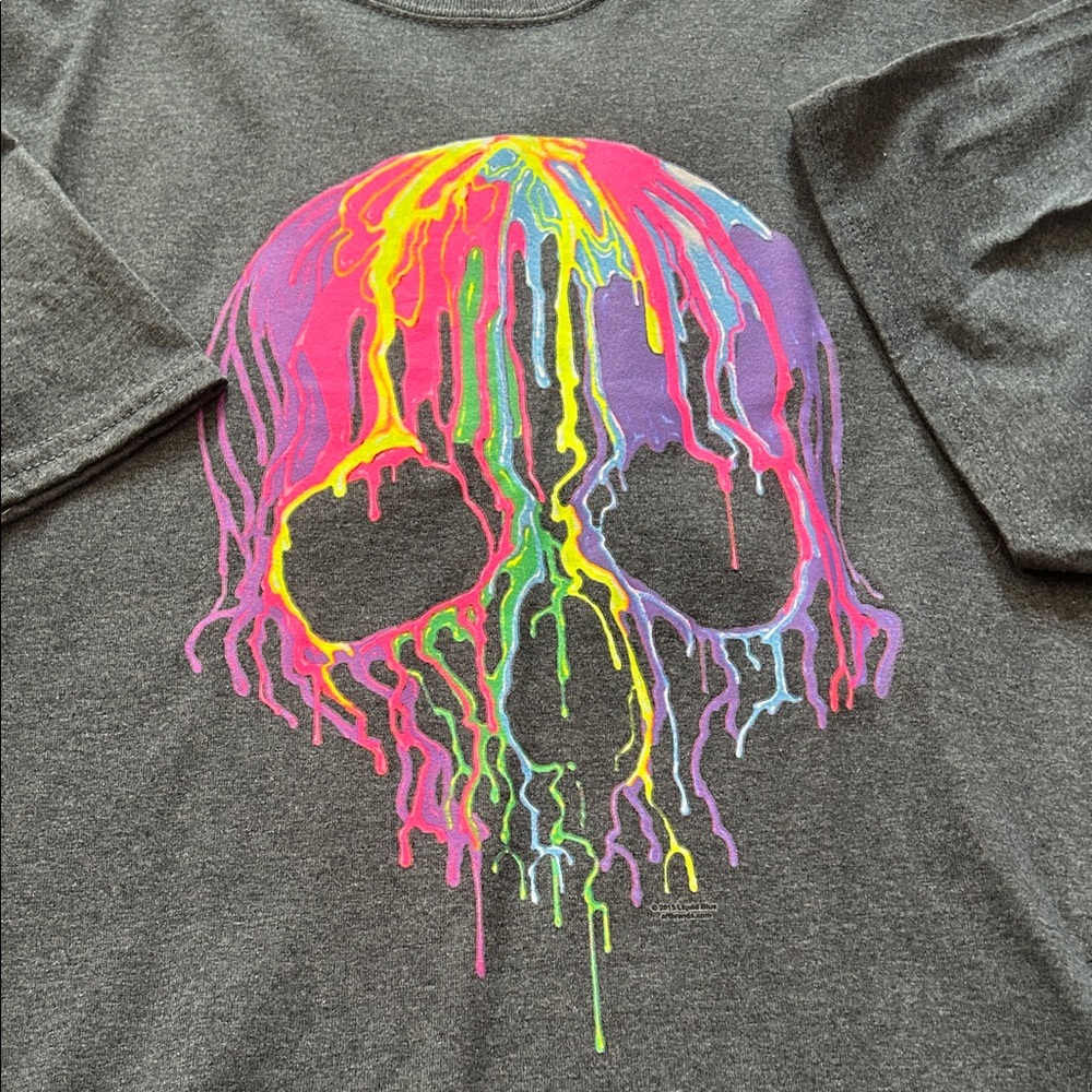 Gray Graphic Tee with Neon Drip Skull
